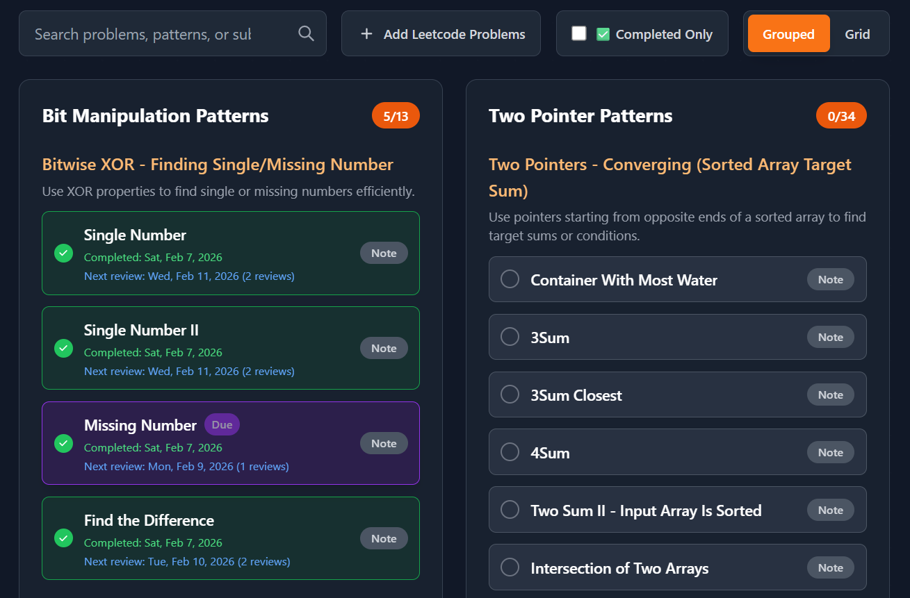 DSAPrep topic-wise or pattern-wise filter view on tracker, showing how to filter on tags like 'Sliding Window', 'Two Pointers', 'Trees', etc.